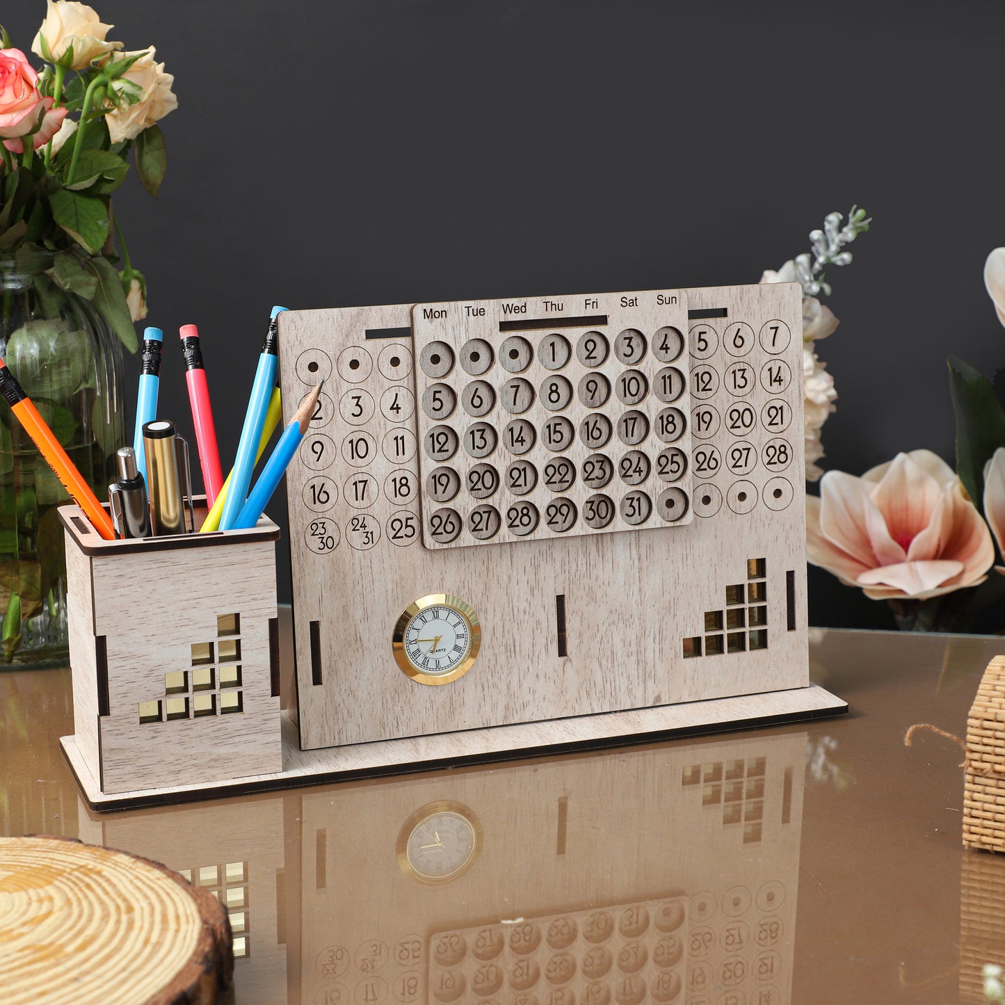 K.King Pen Stand with Infinity Calendar & Watch – Multipurpose MDF Desk Organizer for Office Desk & Study Table