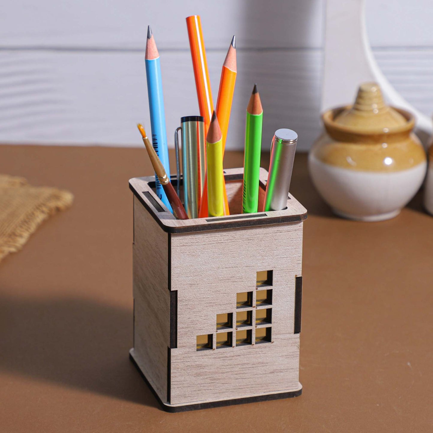 K.King Pen Holder Stand with Golden Grill Design – MDF Desk Organizer with Mobile & Visiting Card Holder for Office Desk & Study Table