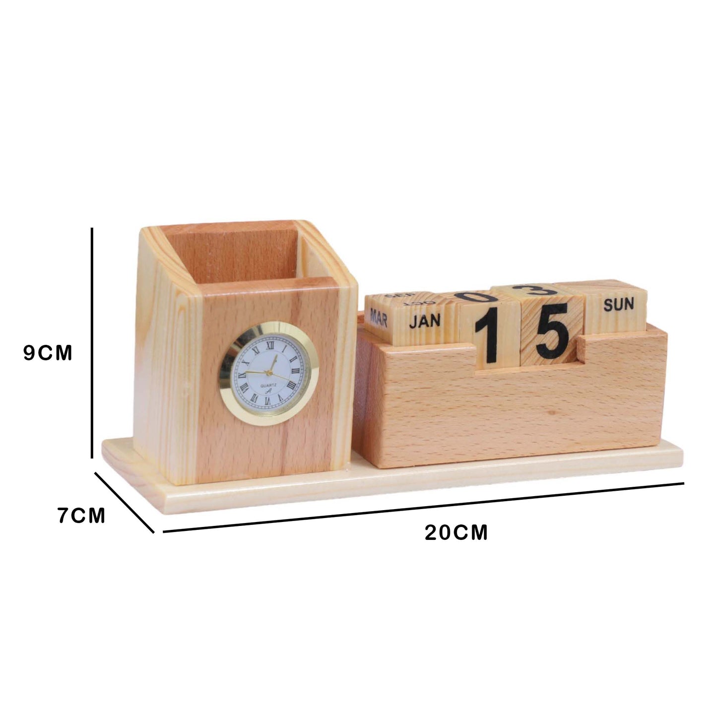 K.King Wooden Pen Holder & Stationery Organizer – Pine Wood Desk Stand with Clock, Calendar Cubes, Mobile Holder & Visiting Card Holder for Office Desk & Study Table