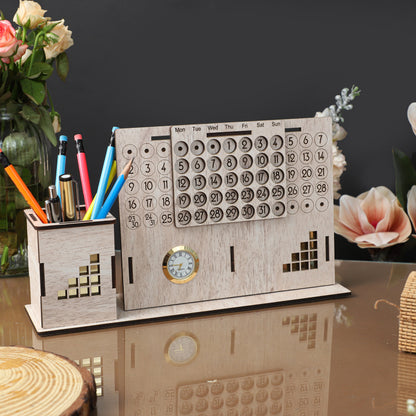 K.King Pen Stand with Infinity Calendar & Watch – Multipurpose MDF Desk Organizer for Office Desk & Study Table