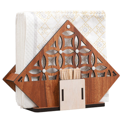 K.King Tissue Napkin Holder with Toothpick Holder – MDF Tabletop Tissue Stand with Tissue Paper Pack for Kitchen, Office, Restaurant & Cafe Dining Table