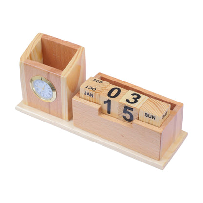 K.King Wooden Pen Holder & Stationery Organizer – Pine Wood Desk Stand with Clock, Calendar Cubes, Mobile Holder & Visiting Card Holder for Office Desk & Study Table