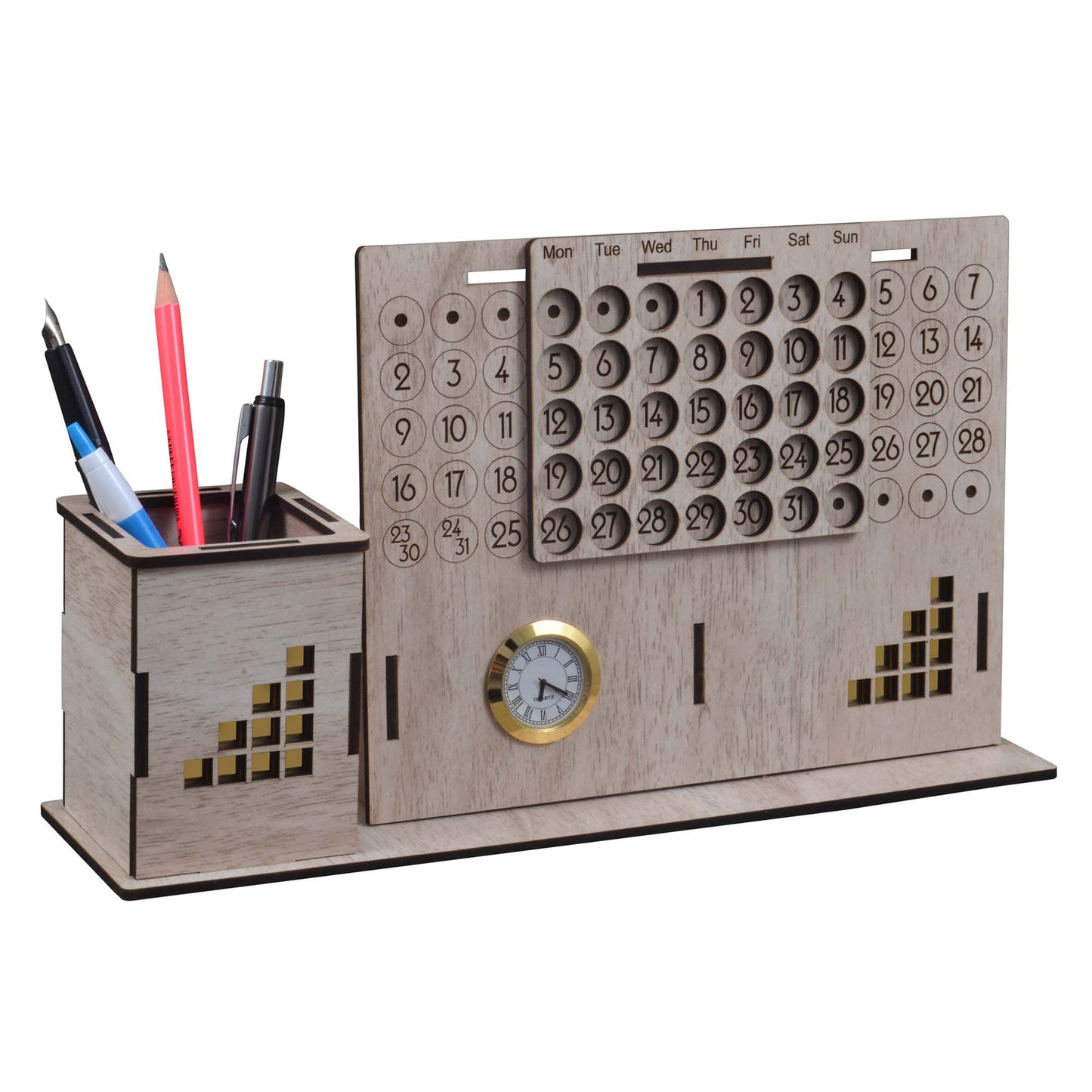 K.King Pen Stand with Infinity Calendar & Watch – Multipurpose MDF Desk Organizer for Office Desk & Study Table