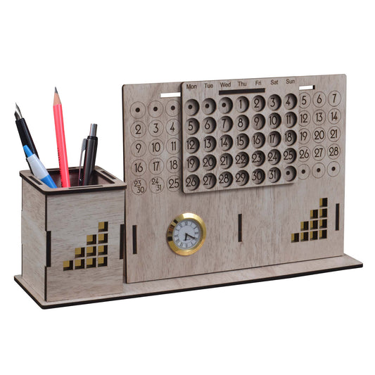 K.King Pen Stand with Infinity Calendar & Watch – Multipurpose MDF Desk Organizer for Office Desk & Study Table
