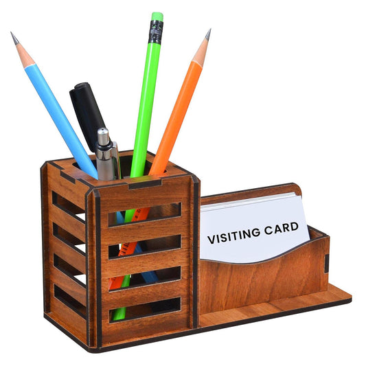 K.King Pen Stand with Business Visiting Card Holder – MDF Multipurpose Desk Organizer for Office Desk & Study Table