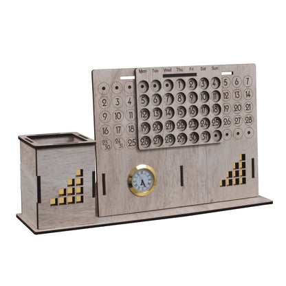 K.King Pen Stand with Infinity Calendar & Watch – Multipurpose MDF Desk Organizer for Office Desk & Study Table