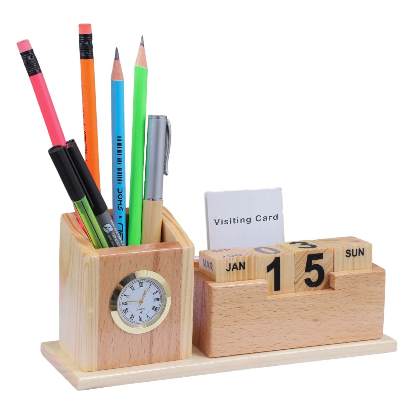 K.King Wooden Pen Holder & Stationery Organizer – Pine Wood Desk Stand with Clock, Calendar Cubes, Mobile Holder & Visiting Card Holder for Office Desk & Study Table