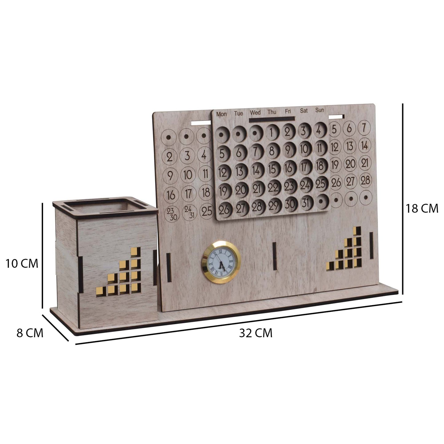 K.King Pen Stand with Infinity Calendar & Watch – Multipurpose MDF Desk Organizer for Office Desk & Study Table