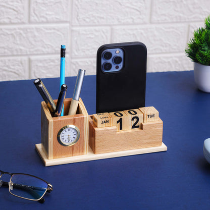 K.King Wooden Pen Holder & Stationery Organizer – Pine Wood Desk Stand with Clock, Calendar Cubes, Mobile Holder & Visiting Card Holder for Office Desk & Study Table