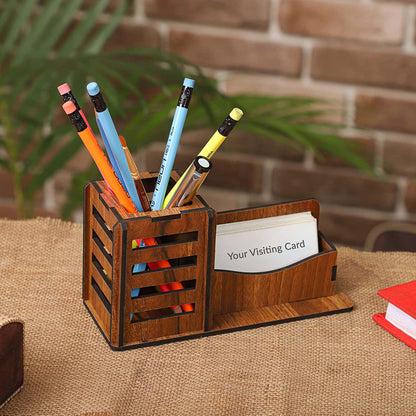 K.King Pen Stand with Business Visiting Card Holder – MDF Multipurpose Desk Organizer for Office Desk & Study Table